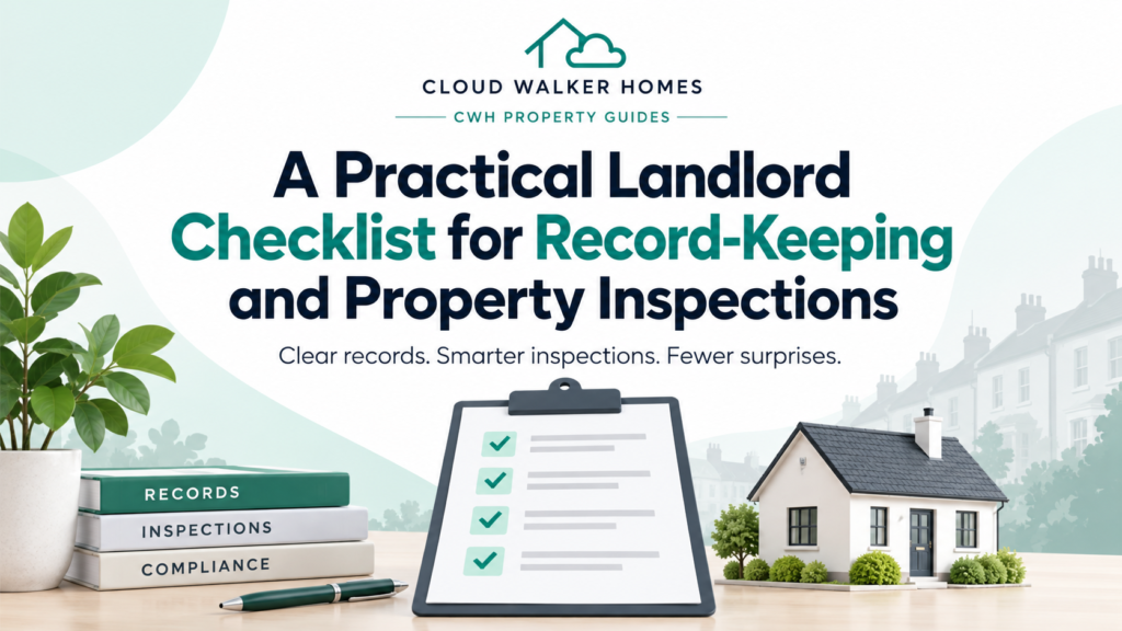Illustrated Cloud Walker Homes guide to landlord record keeping and property inspections; keys, documents and a tidy checklist.
